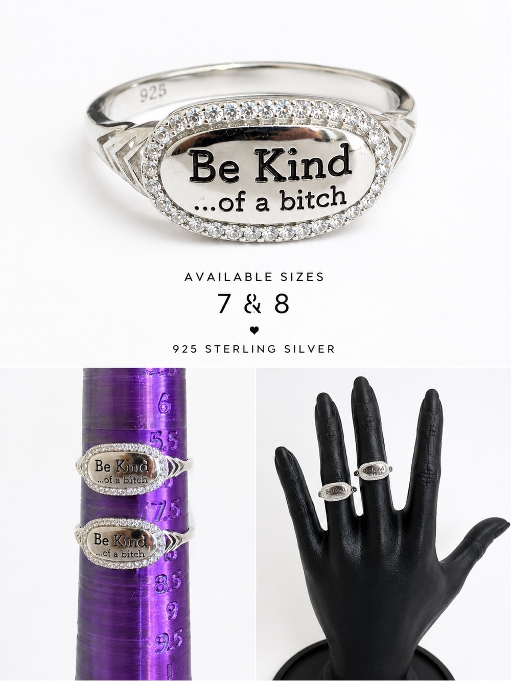 925 Sterling Silver Be Kind of a… Funny Edgy Statement Ring - New with gift box - Picture 3 of 3